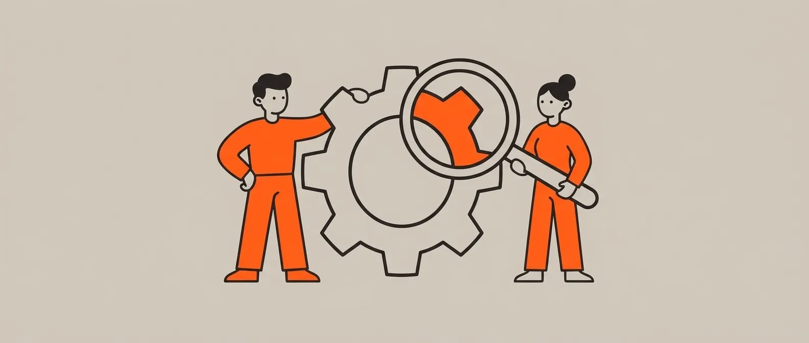 Two editorial illustration characters beside an oversized gear and magnifying glass